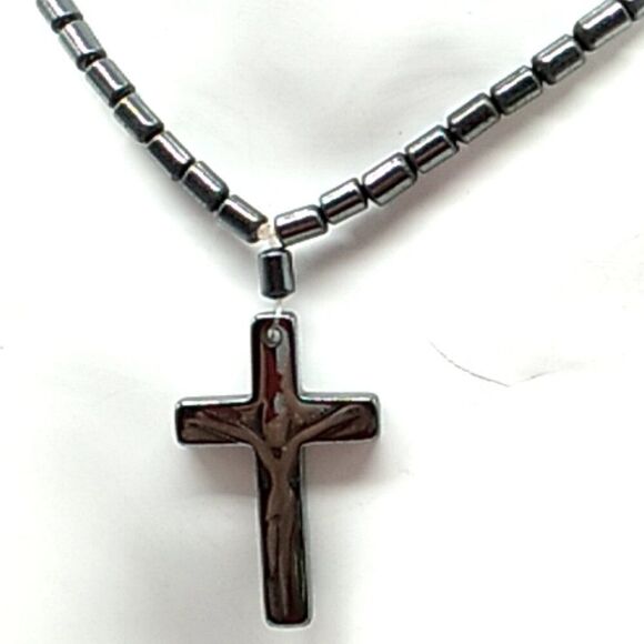 Vintage Hematite Barrel Bead Necklace with Crucifix - Picture 1 of 9